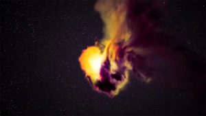 A rare stellar explosion revealing the stripped inner layers of a dying star, illustrated as supernova 2021yfj