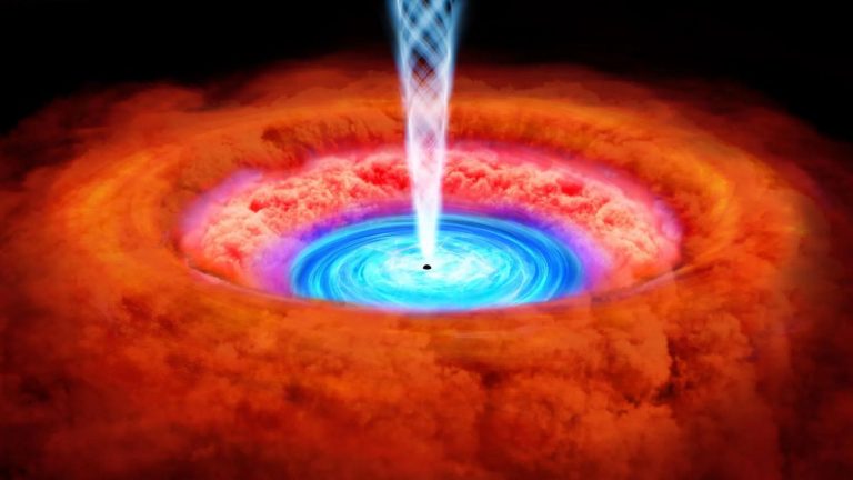 The accretion disk of NGC 4151 is shown blue, immediately surrounding the galaxy’s central black hole. Scientists, including University of Michigan astronomers, are showing how winds or outflows from the accretion disk reshape its host galaxy. The winds are shown as wispy light blue lines blowing across the more orange clouds surrounding the black hole
