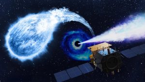 Artist's impression of the Einstein Probe satellite catching an intermediate black hole, tearing apart a white dwarf, and producing a relativistic jet