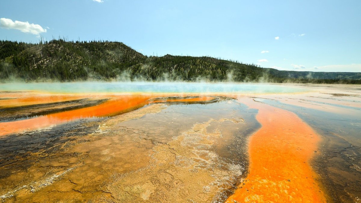 Grand Prismatic Spring and geothermal steam in Yellowstone National Park