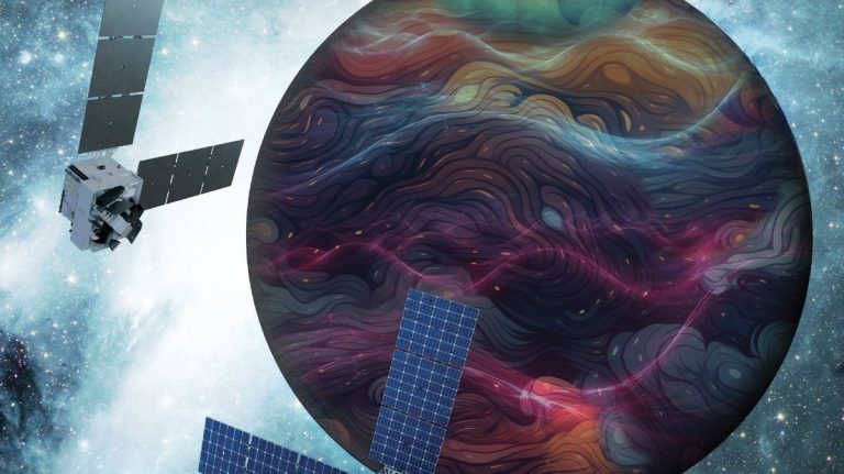 Artist’s rendition of the DAPHNE (Dynamic Atmosphere-Ionosphere Explorer) mission concept. The coloring represents auroras and atmospheric waves in Earth’s atmosphere