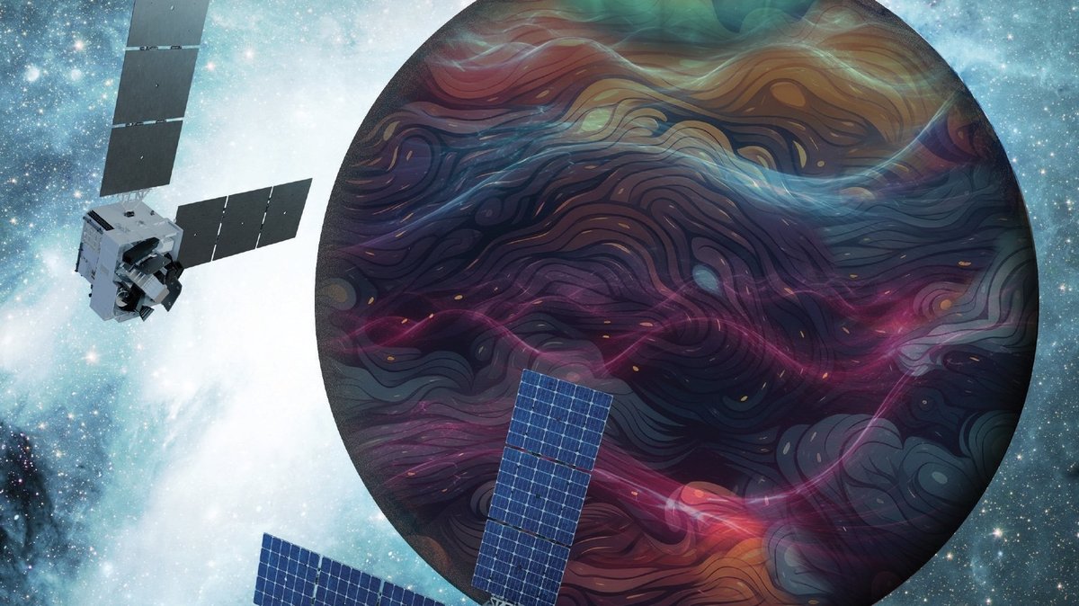Artist’s rendition of the DAPHNE (Dynamic Atmosphere-Ionosphere Explorer) mission concept. The coloring represents auroras and atmospheric waves in Earth’s atmosphere