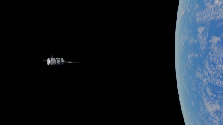 Satellite orbiting Earth above blue clouds