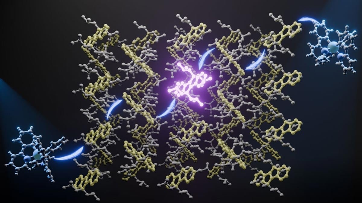 Molecular material designed to convert visible sunlight into ultraviolet light