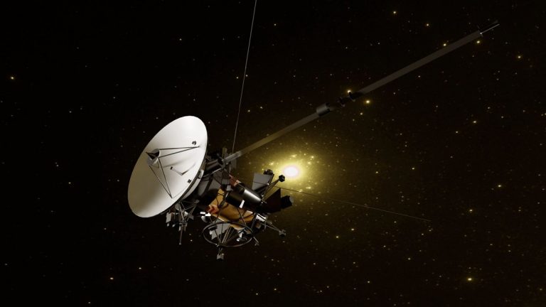 Illustration of a spacecraft navigating through the vast universe against a starry backdrop