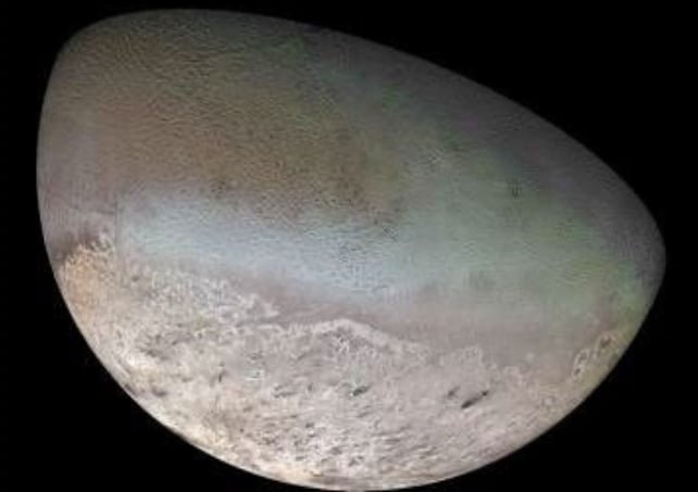 A global color mosaic of Triton, taken by Voyager 2 in 1989