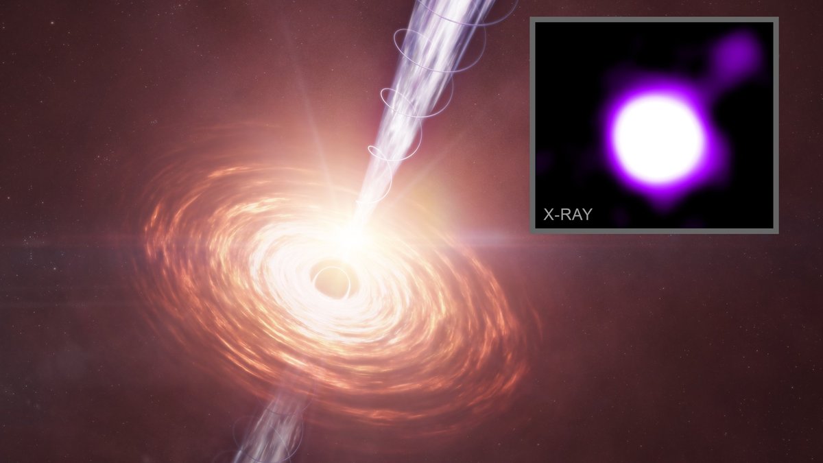 Artist illustration of a distant black hole with a powerful jet