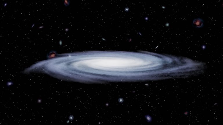 Illustration of a spiral galaxy surrounded by stars and galaxies in deep space, showcasing cosmic beauty