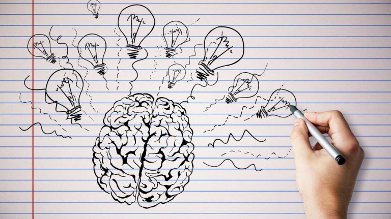Creative hand drawn brain and light bulbs on copybook page background. Brainstorm and innovation concept