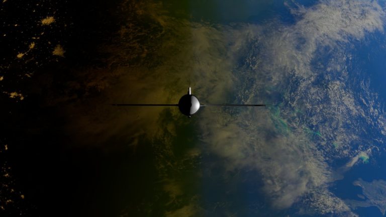 A satellite orbiting Earth showcasing contrasts between ocean and land from space