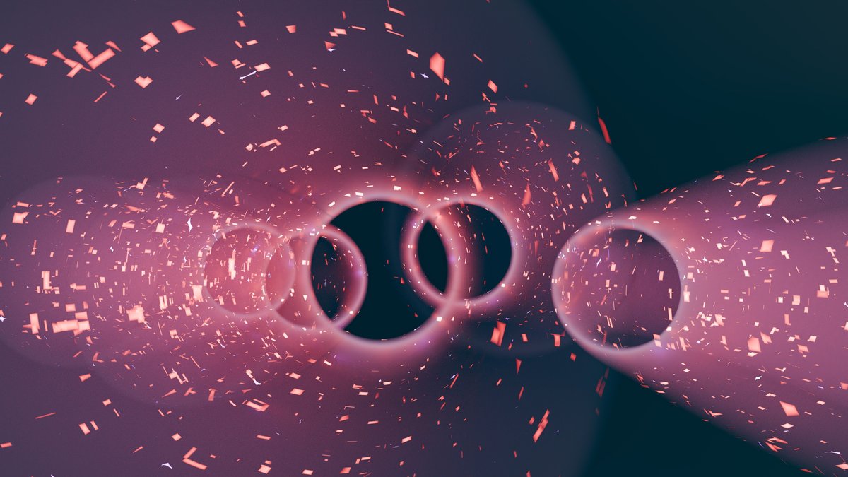 A mesmerizing abstract digital render of a tunnel with pink particle effects and circular forms
