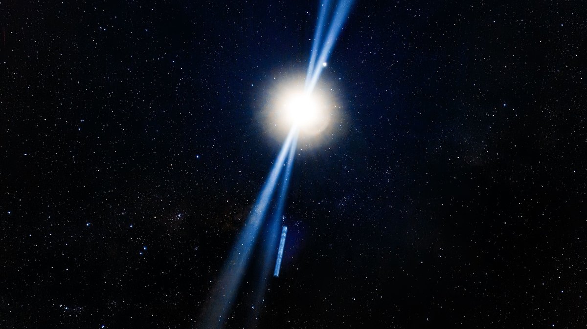 A radiant starburst illuminates the vast galaxy, casting blue rays through the star-filled night sky