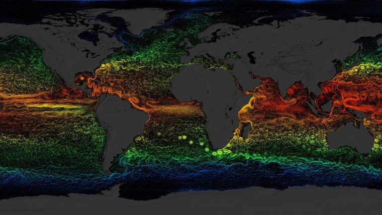 NASA visualization of global sea-surface currents colored by temperature