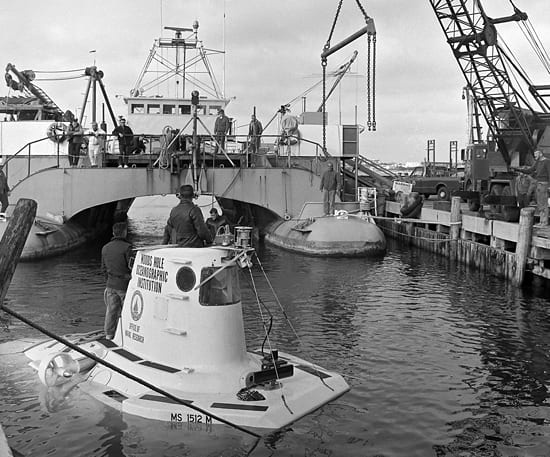 Alvin aboard a barge after its recovery from 5,000 feet of water in 1969