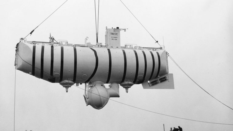 U.S. Navy bathyscaphe Trieste being hoisted from the water in 1958 or 1959
