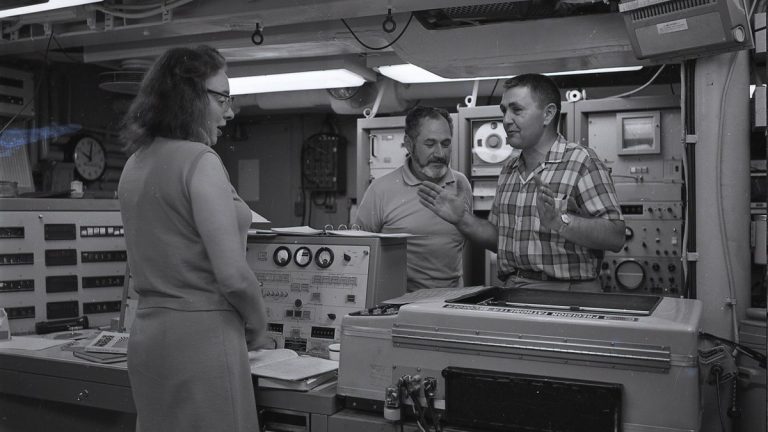 Marie Tharp with Al Ballard and Marty Weiss during the 1968 USNS Kane expedition