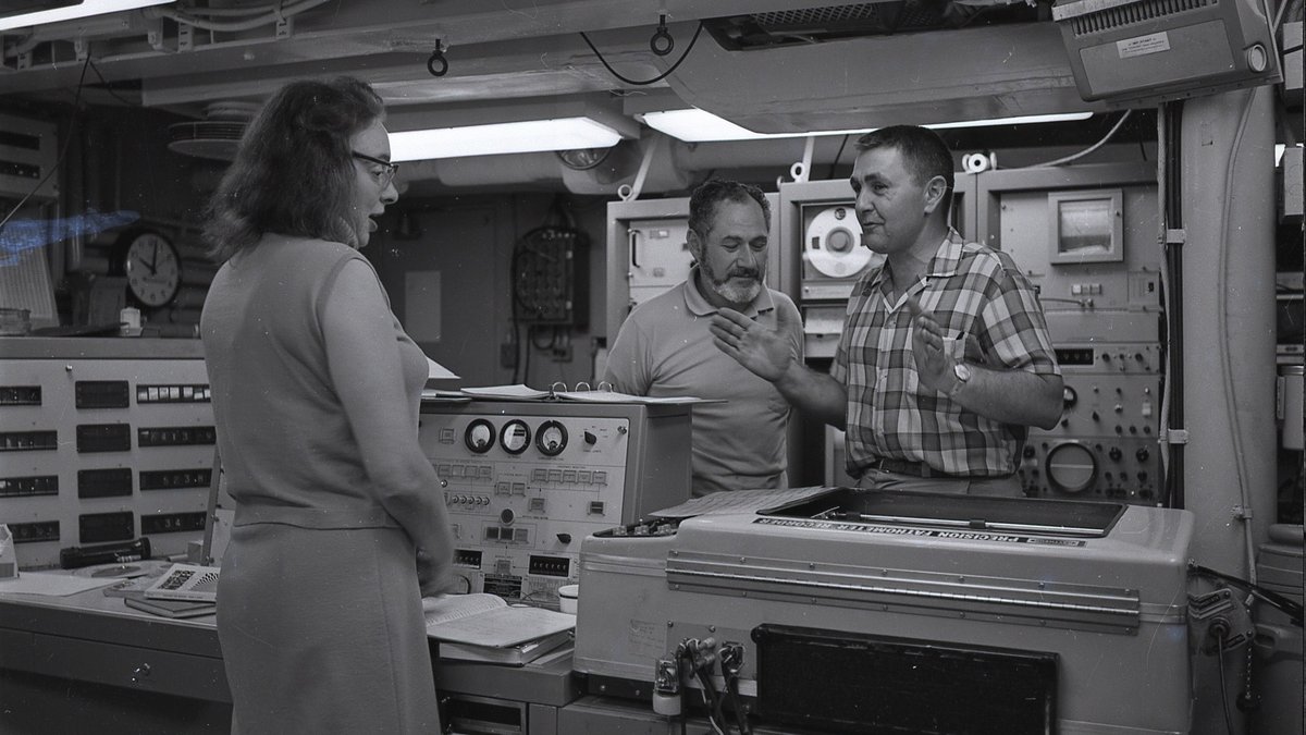 Marie Tharp with Al Ballard and Marty Weiss during the 1968 USNS Kane expedition