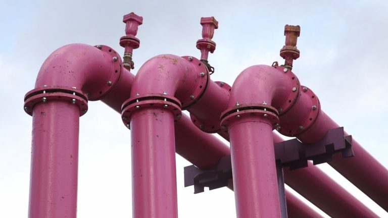 Purple utility pipes used to distinguish non-potable water systems