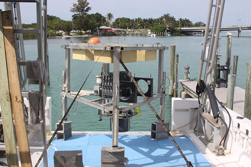 Specifically designed for this project, the benthic lander was deployed to the bottom of Amberjack Hole to collect data and samples for longer periods than divers can, right where the bottom water meets the sediment. Image courtesy of Mote Marine Laboratory. Download larger version (jpg, 6.6 MB) .