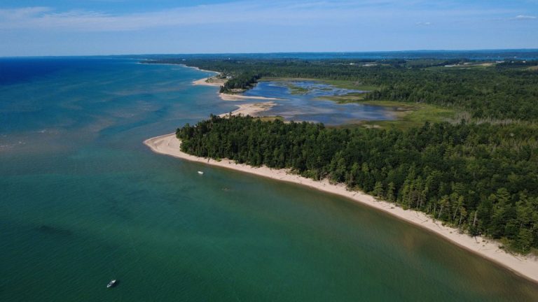 Aerial view of a forested Michigan coastline on the Great Lakes