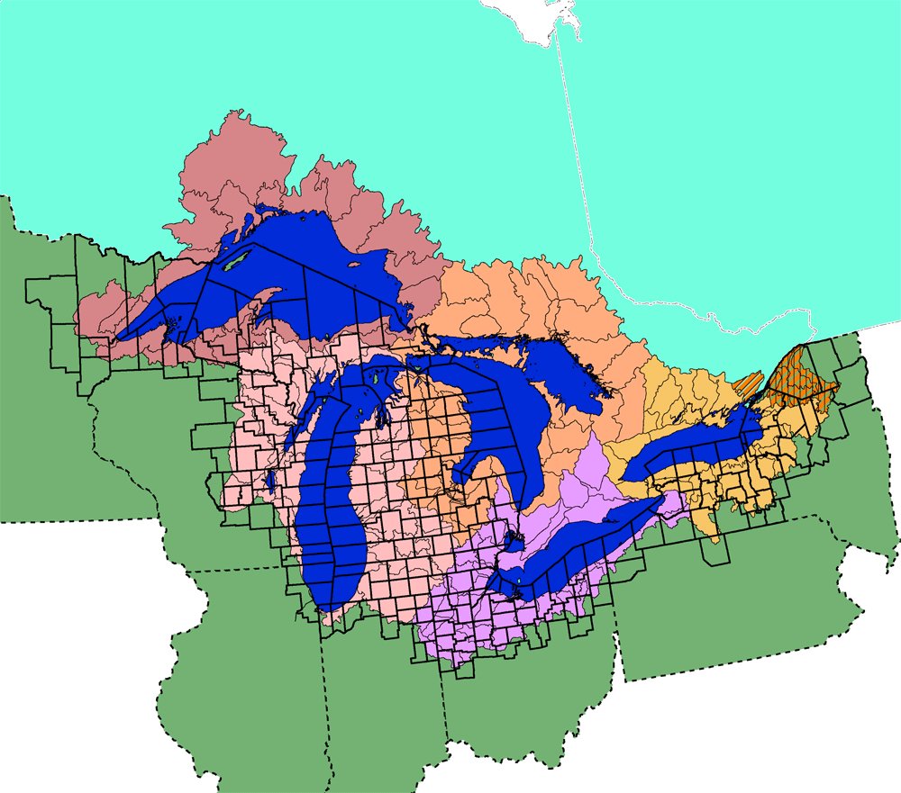 Map of the Great Lakes basin showing US counties
