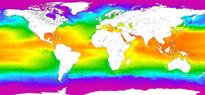 This map of sea surface temperature illustrates how heat is distributed across the global ocean. Download image (jpg, 105 KB) .