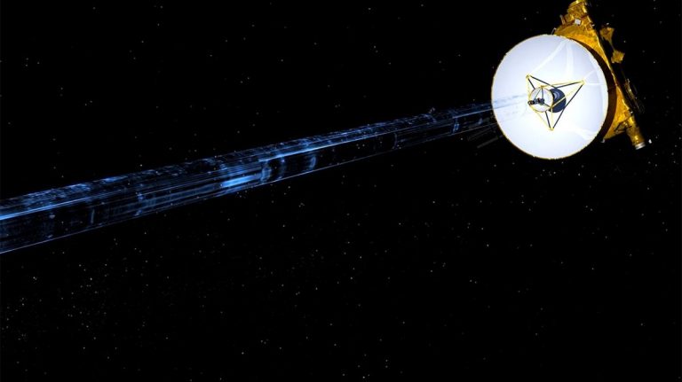 Artist's illustration of NASA's New Horizons spacecraft transmitting data back to Earth