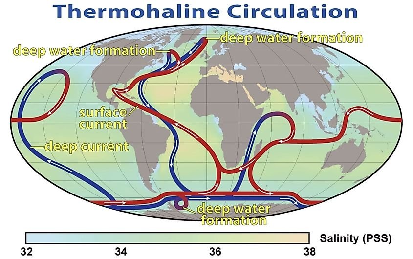 Diagram of the global thermohaline circulation and its major surface and deep-water paths