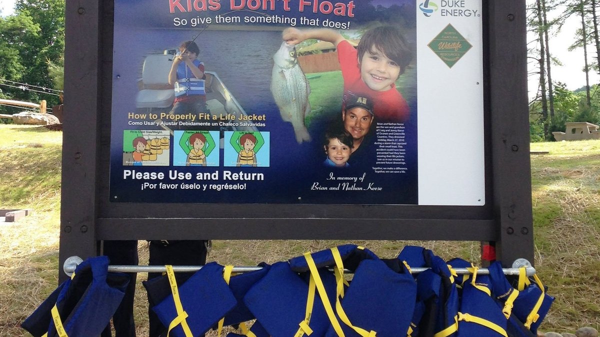 Life jackets available from a loaner board near Lake Keowee