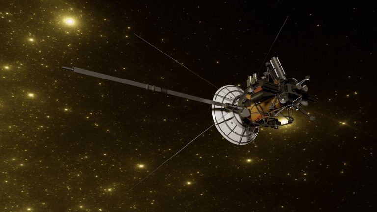 Space probe traveling through a starry deep-space scene
