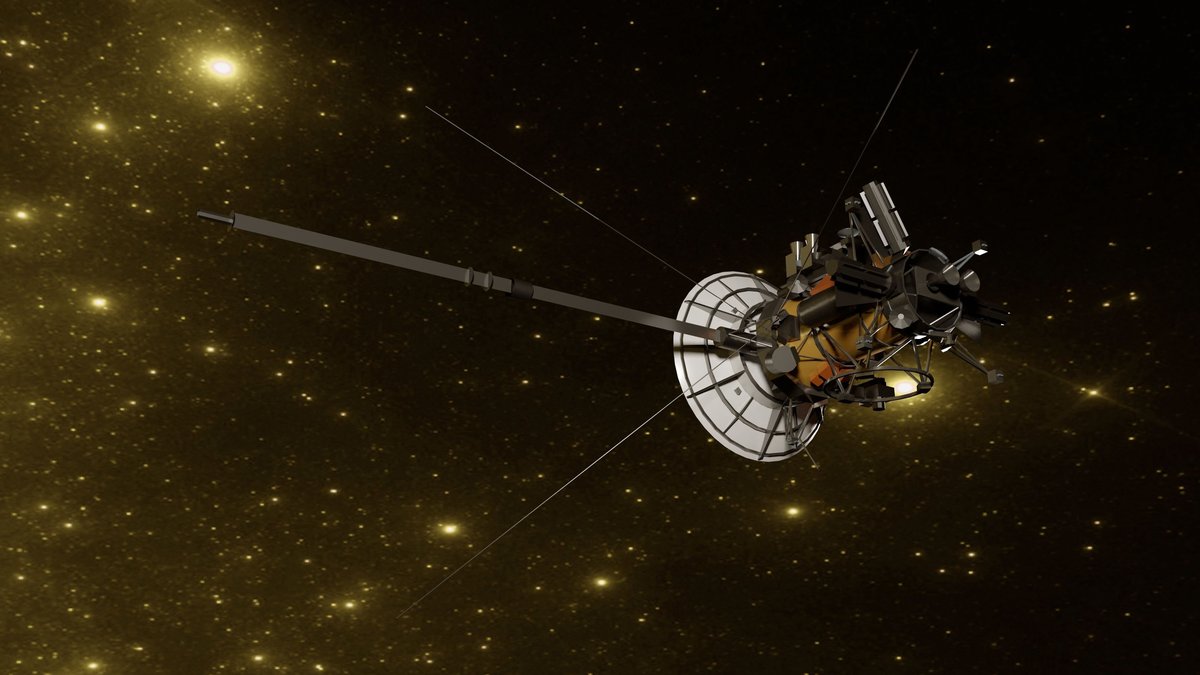 Space probe traveling through a starry deep-space scene