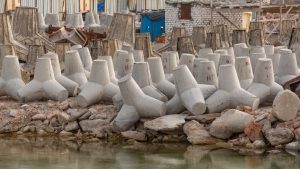 Concrete coastal seawall blocks used for shoreline protection