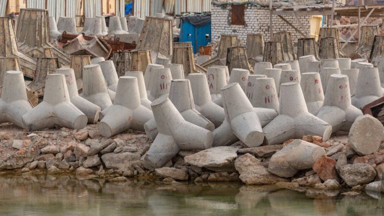 Concrete coastal seawall blocks used for shoreline protection