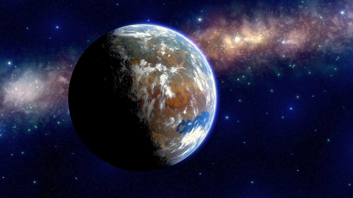 Illustration of an Earth-like exoplanet against a star field