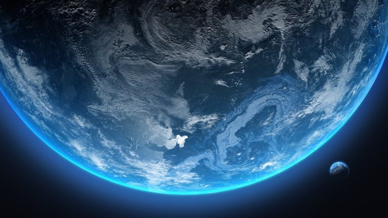 Artist-style view of a cloudy potentially habitable exoplanet