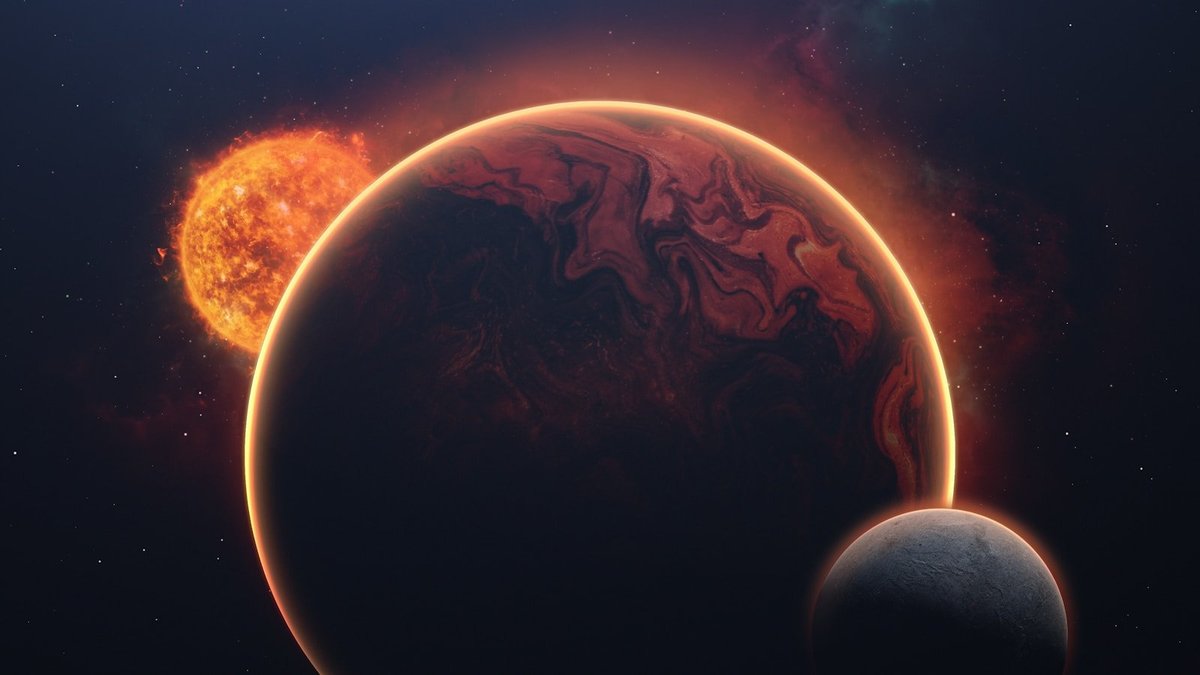 Artist-style view of a hot lava-like exoplanet in space