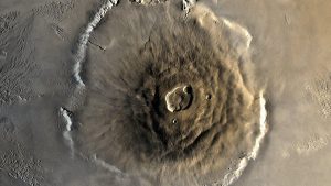 Olympus Mons volcano on Mars shown as a broad shield volcano on the red planet
