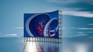 3D abstract digital display with curved shapes against a serene water and sky background