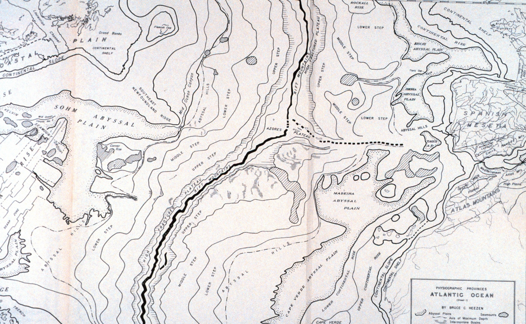 The 1959 North Atlantic map showing the continuity of the Mid-Atlantic Ridge rift valley