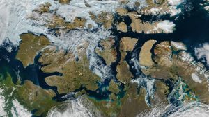 Satellite view of the intricate Canadian Arctic Archipelago coastline and Northwest Passage