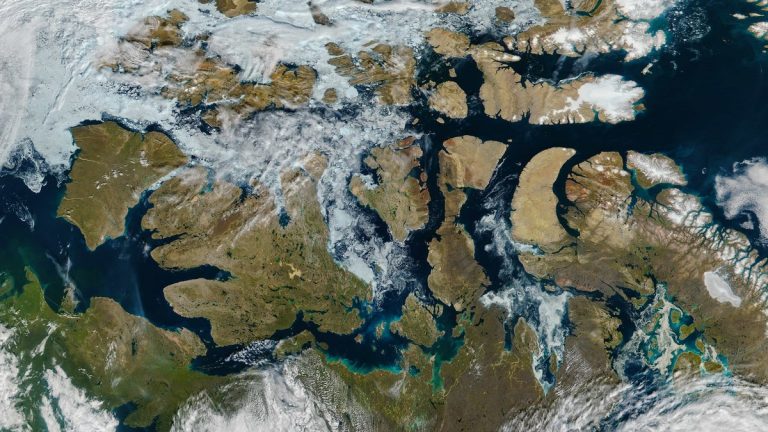 Satellite view of the intricate Canadian Arctic Archipelago coastline and Northwest Passage