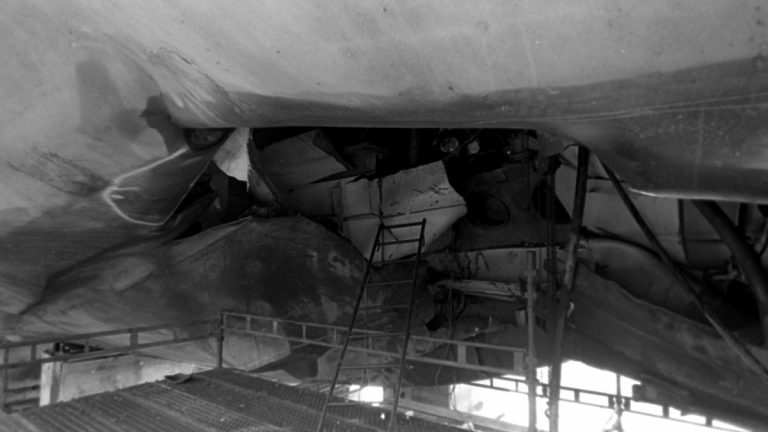 Mine damage to the hull of USS Samuel B. Roberts in dry dock in May 1988