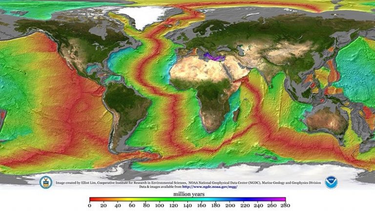 NOAA global map showing the continuous mid-ocean ridge system