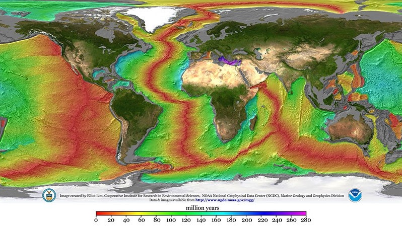 NOAA global map showing the continuous mid-ocean ridge system