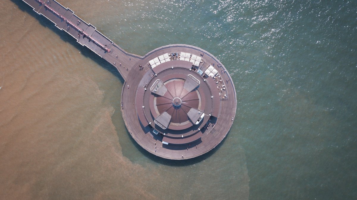 An aerial view of the circular pier at Blankenberge on the Belgian North Sea coast