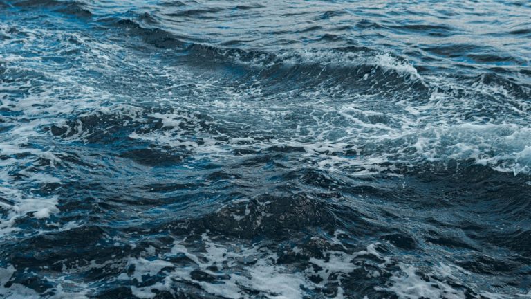 Close-up shot of swirling ocean waves and white foam, showing natural movement