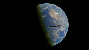 A stunning digital rendering of Earth from space, featuring a satellite and the vast universe
