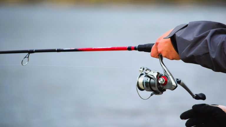 A person holds a fishing rod at a serene lake, capturing a peaceful moment