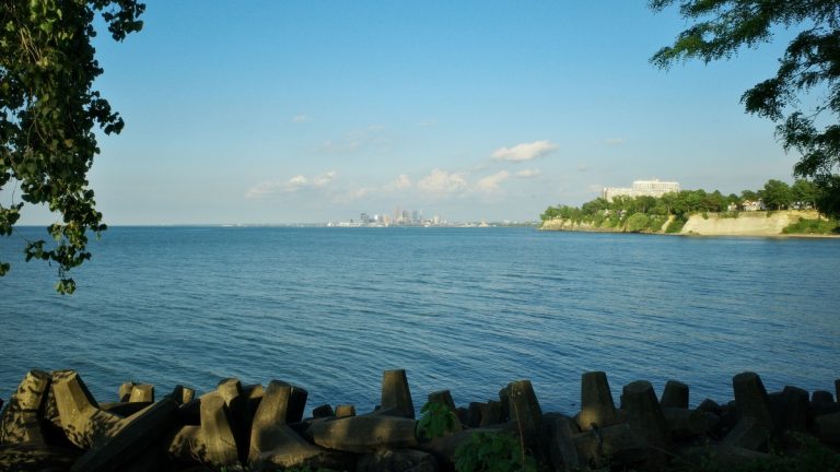 Scenic view of Cleveland skyline across Lake Erie seen from a lakeside park during summer