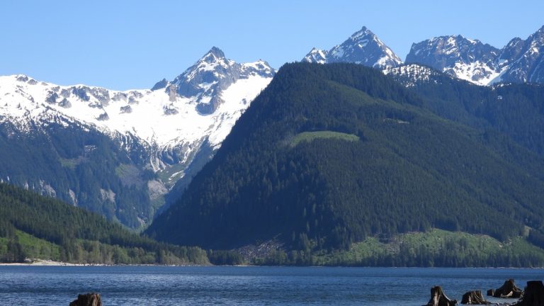 Stunning view of snow-capped mountains and a serene lake in Victoria, BC, Canada